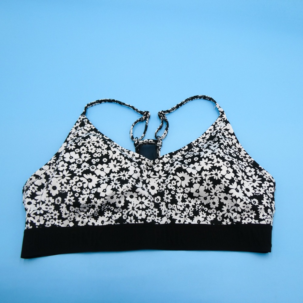 Pink Active Sports Bra Women Large Ultimate Lightly Lined Black Floral Polyester